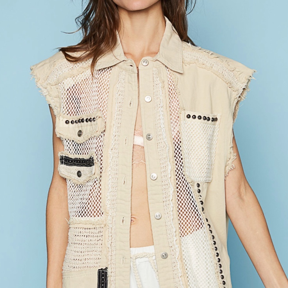 New POL Collar Neck Oversized Fit Vest In Twill W/ Stud & Mesh Details In Pink - Picture 5 of 6